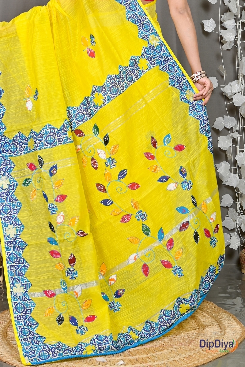 Yellow Cotton Blended Parik Applique Saree (330)